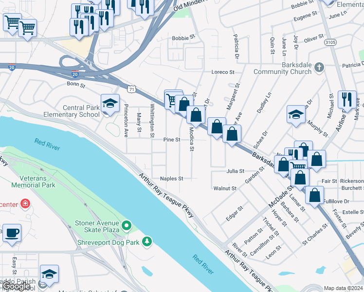 map of restaurants, bars, coffee shops, grocery stores, and more near 816 Rome Street in Bossier City