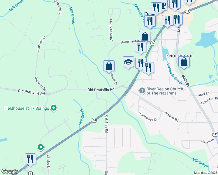 map of restaurants, bars, coffee shops, grocery stores, and more near 2954-2968 Old Prattville Road in Millbrook