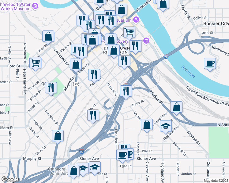 map of restaurants, bars, coffee shops, grocery stores, and more near McNeil Street in Shreveport