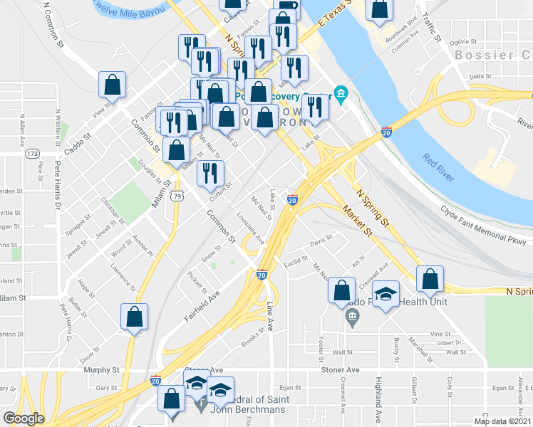 map of restaurants, bars, coffee shops, grocery stores, and more near McNeil Street in Shreveport