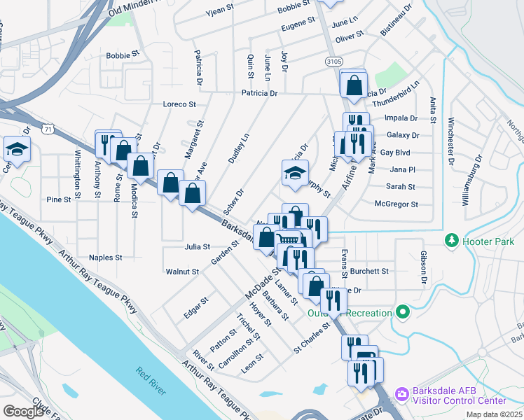 map of restaurants, bars, coffee shops, grocery stores, and more near 1118 Patricia Drive in Bossier City