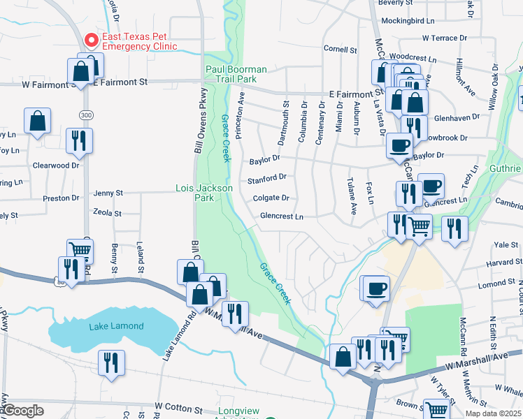 map of restaurants, bars, coffee shops, grocery stores, and more near 1313 Glencrest Lane in Longview