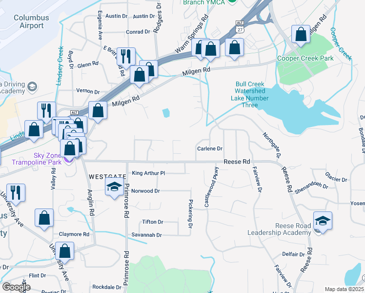 map of restaurants, bars, coffee shops, grocery stores, and more near 5510 River Rock Court in Columbus