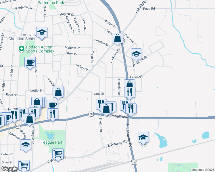 map of restaurants, bars, coffee shops, grocery stores, and more near 618 Texas Street in Longview