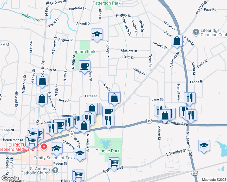 map of restaurants, bars, coffee shops, grocery stores, and more near 402 Glover Drive in Longview