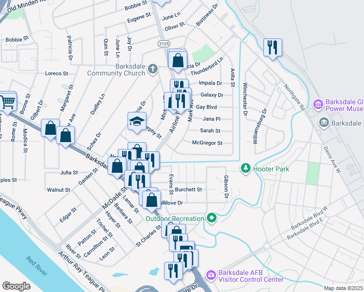 map of restaurants, bars, coffee shops, grocery stores, and more near 1308 Mark Avenue in Bossier City