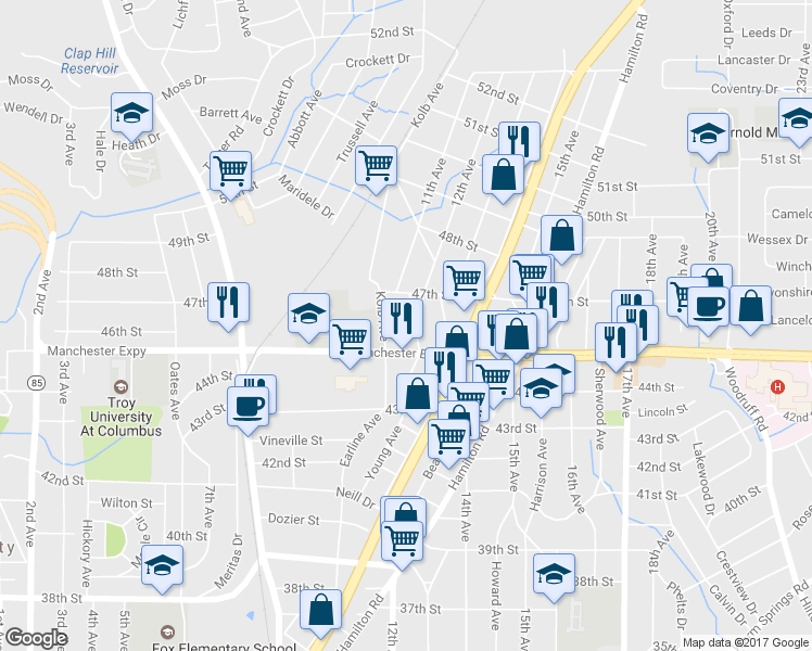 map of restaurants, bars, coffee shops, grocery stores, and more near 4525 Gilbert Avenue in Columbus