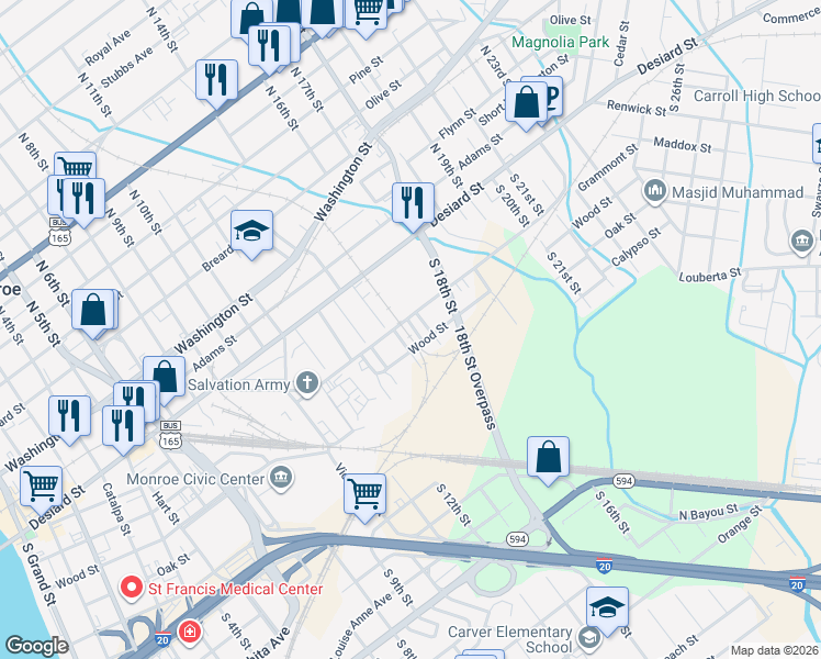 map of restaurants, bars, coffee shops, grocery stores, and more near 1400 Grammont Street in Monroe