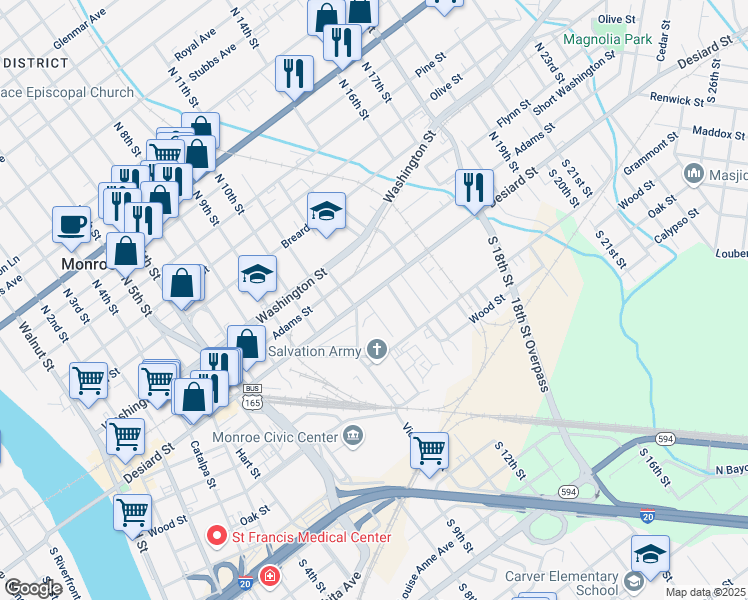 map of restaurants, bars, coffee shops, grocery stores, and more near 101 Marlabee Drive in Monroe
