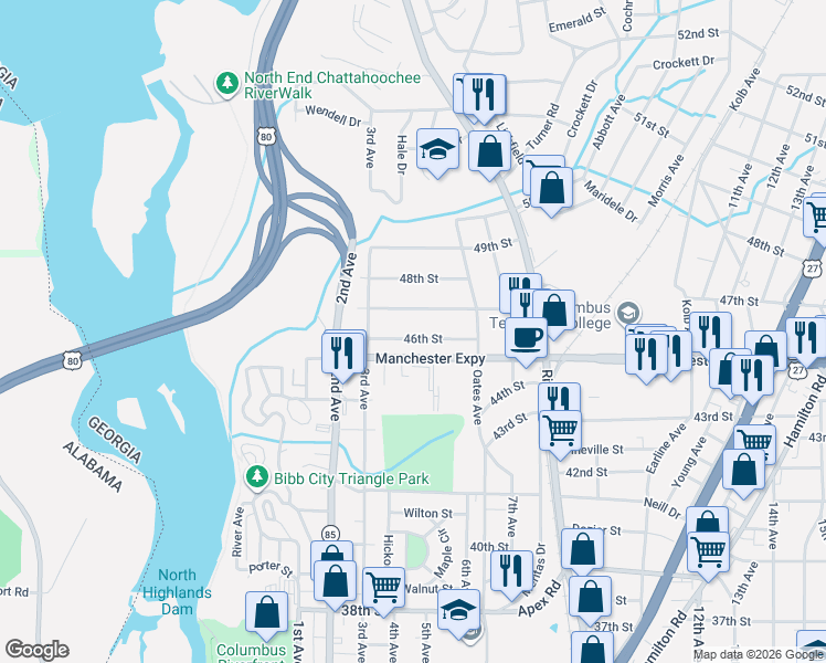 map of restaurants, bars, coffee shops, grocery stores, and more near 411 46th Street in Columbus