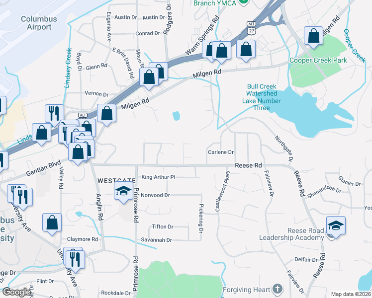 map of restaurants, bars, coffee shops, grocery stores, and more near 4024 River Rock Way in Columbus