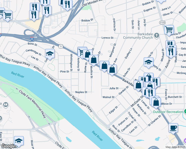 map of restaurants, bars, coffee shops, grocery stores, and more near 860 Modica Street in Bossier City