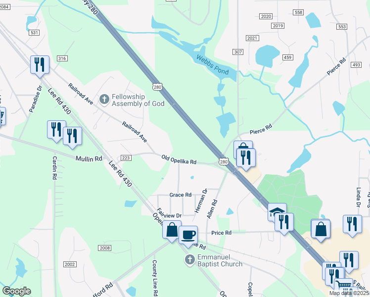 map of restaurants, bars, coffee shops, grocery stores, and more near 19 Old Opelika Road in Phenix City