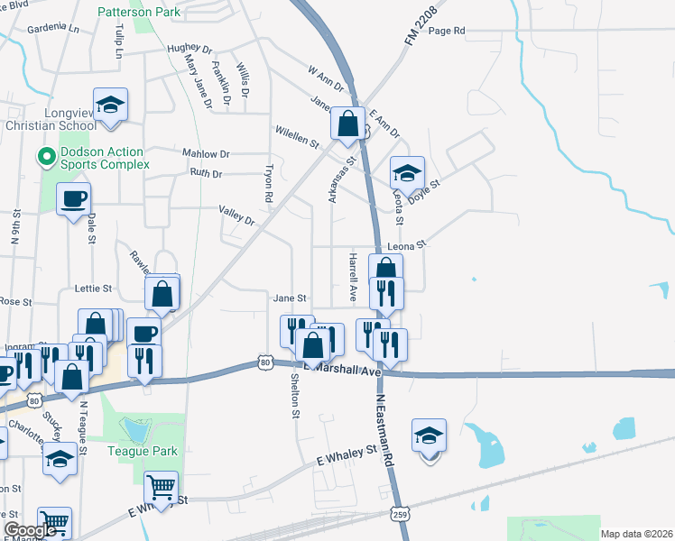 map of restaurants, bars, coffee shops, grocery stores, and more near 621 Harrell Avenue in Longview
