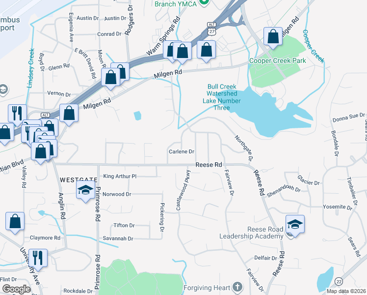 map of restaurants, bars, coffee shops, grocery stores, and more near 4255 Carlene Drive in Columbus