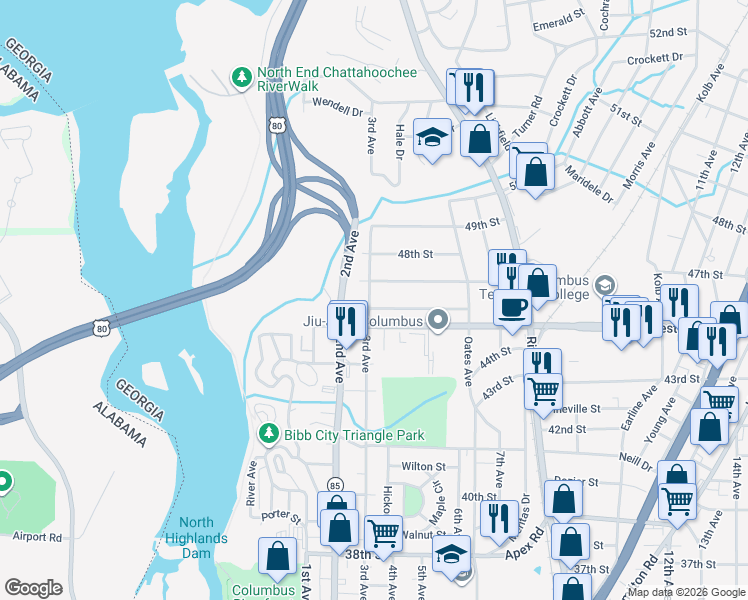 map of restaurants, bars, coffee shops, grocery stores, and more near 303 46th Street in Columbus