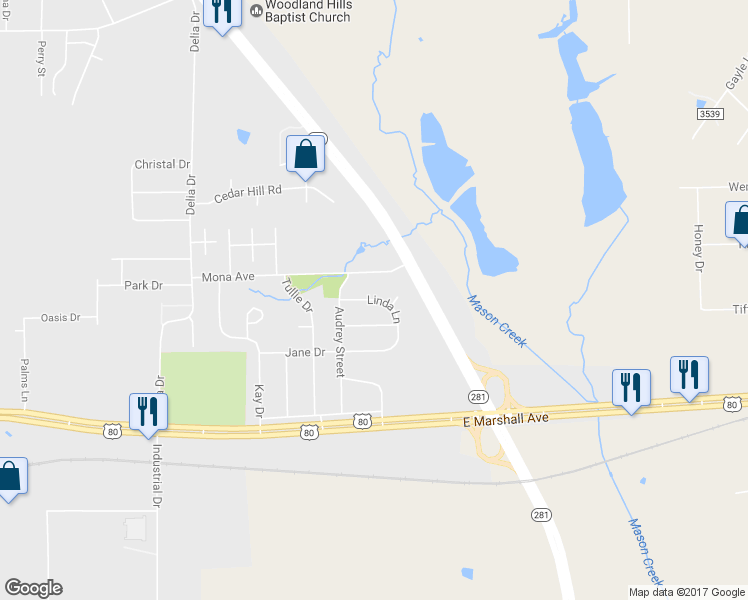 map of restaurants, bars, coffee shops, grocery stores, and more near 3202 Linda Lane in Longview