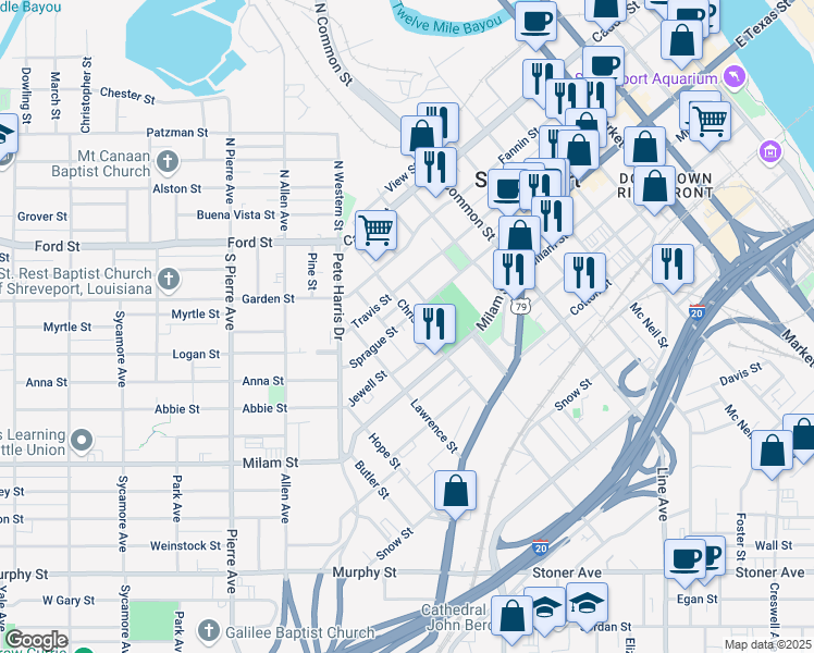 map of restaurants, bars, coffee shops, grocery stores, and more near 1209 Sprague Street in Shreveport