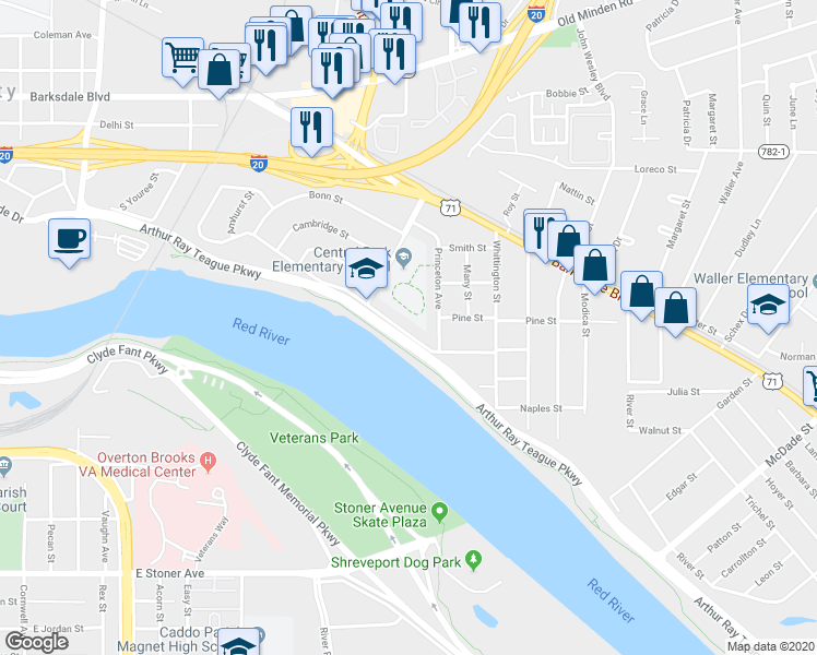 map of restaurants, bars, coffee shops, grocery stores, and more near 2019 Rodney Street in Bossier City