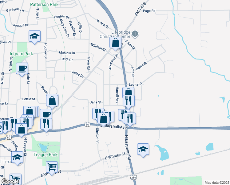 map of restaurants, bars, coffee shops, grocery stores, and more near 621 Harrell Avenue in Longview