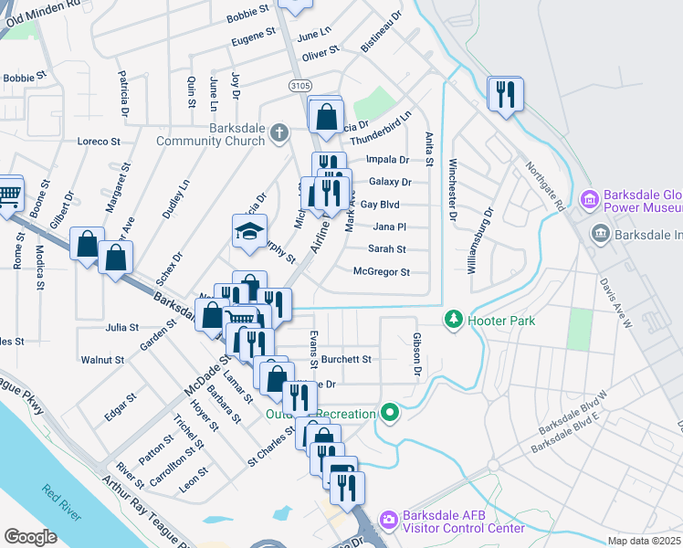 map of restaurants, bars, coffee shops, grocery stores, and more near 1308 Mark Avenue in Bossier City