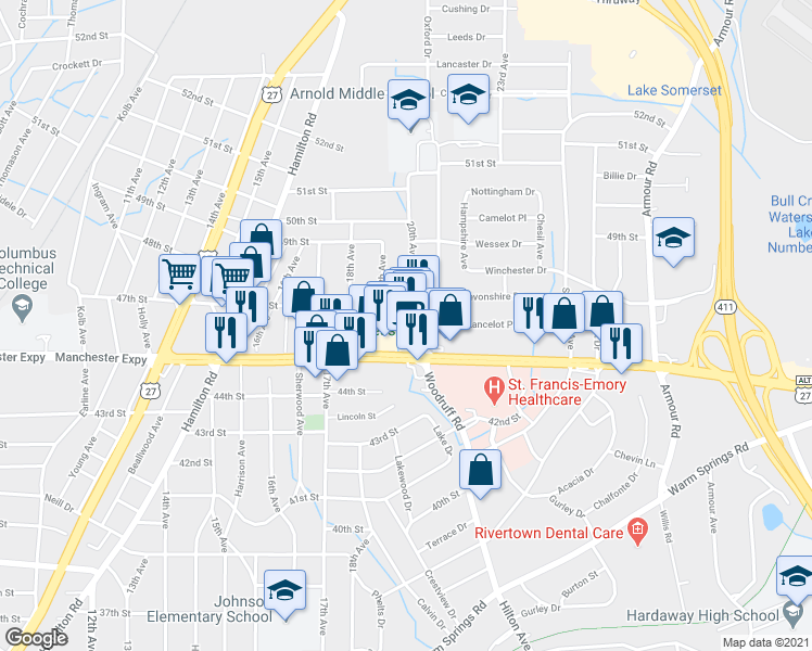 map of restaurants, bars, coffee shops, grocery stores, and more near 4519 Woodruff Road in Columbus