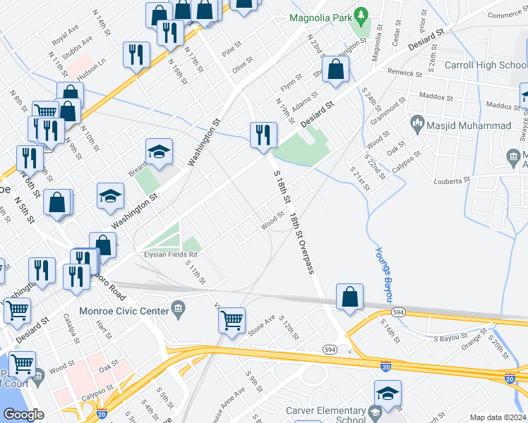 map of restaurants, bars, coffee shops, grocery stores, and more near 1400 Grammont Street in Monroe