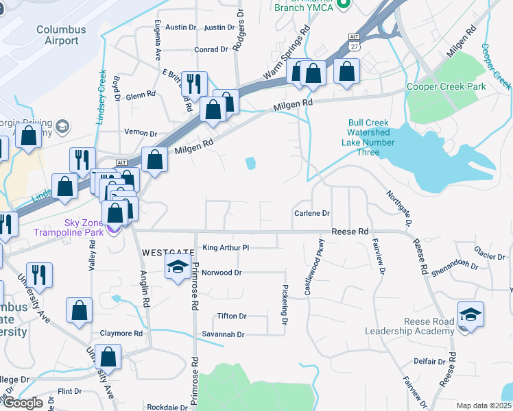 map of restaurants, bars, coffee shops, grocery stores, and more near 4029 River Rock Way in Columbus