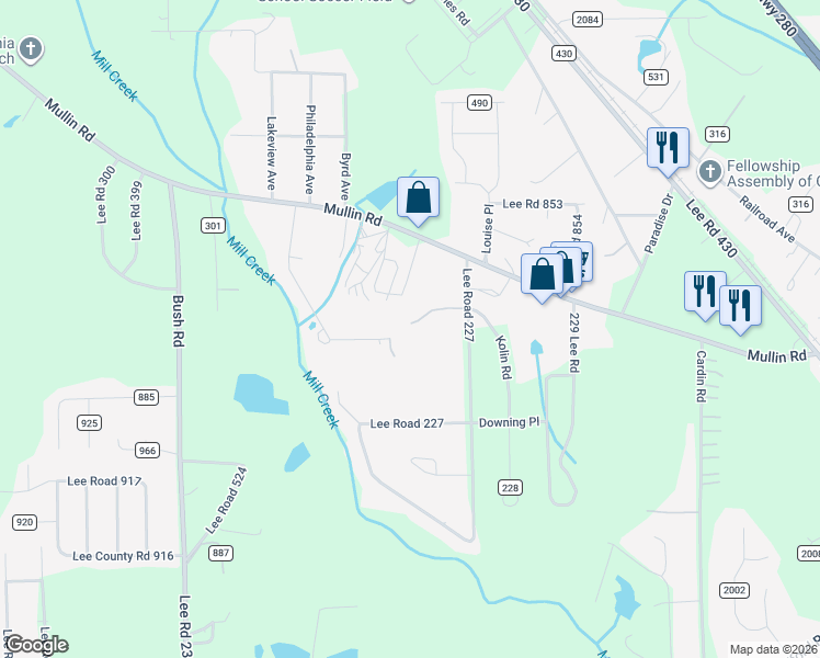 map of restaurants, bars, coffee shops, grocery stores, and more near 483 Lee Road 302 in Smiths Station