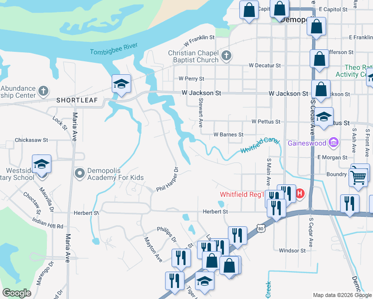 map of restaurants, bars, coffee shops, grocery stores, and more near 705 The Cove in Demopolis