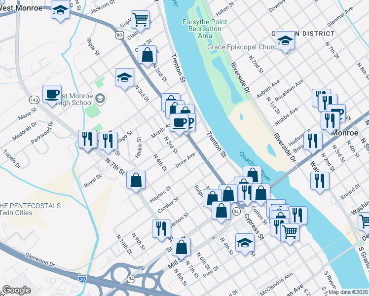 map of restaurants, bars, coffee shops, grocery stores, and more near 212 Drew Avenue in West Monroe