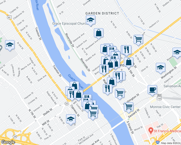 map of restaurants, bars, coffee shops, grocery stores, and more near 900 Riverside Drive in Monroe