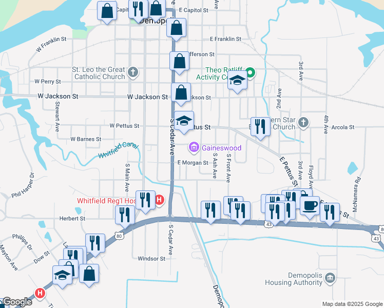 map of restaurants, bars, coffee shops, grocery stores, and more near 805 South Cedar Avenue in Demopolis