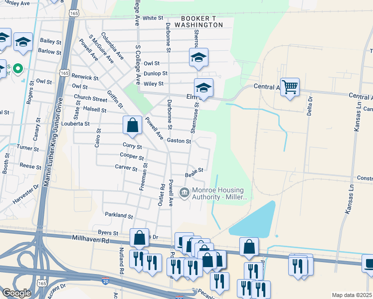 map of restaurants, bars, coffee shops, grocery stores, and more near 4107 Curry Street in Monroe