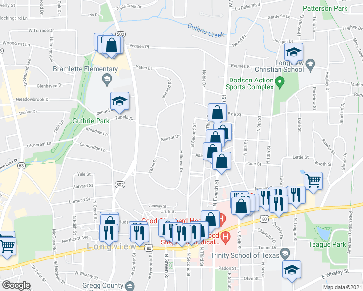 map of restaurants, bars, coffee shops, grocery stores, and more near Hillcrest Drive in Longview