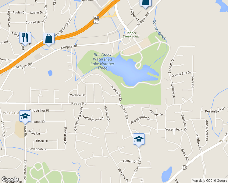 map of restaurants, bars, coffee shops, grocery stores, and more near 4601 Northgate Drive in Columbus