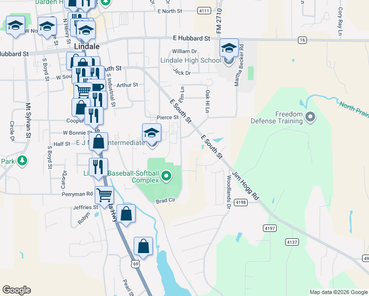 map of restaurants, bars, coffee shops, grocery stores, and more near 902 Brad Cir in Lindale