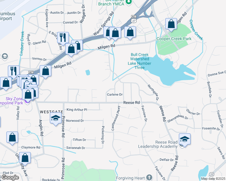 map of restaurants, bars, coffee shops, grocery stores, and more near 4613 Marie Avenue in Columbus