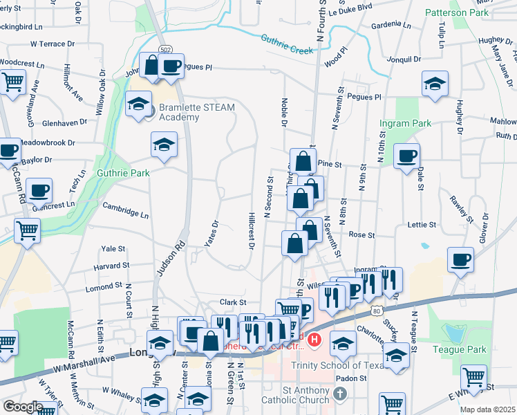 map of restaurants, bars, coffee shops, grocery stores, and more near 1108 Hillcrest Drive in Longview