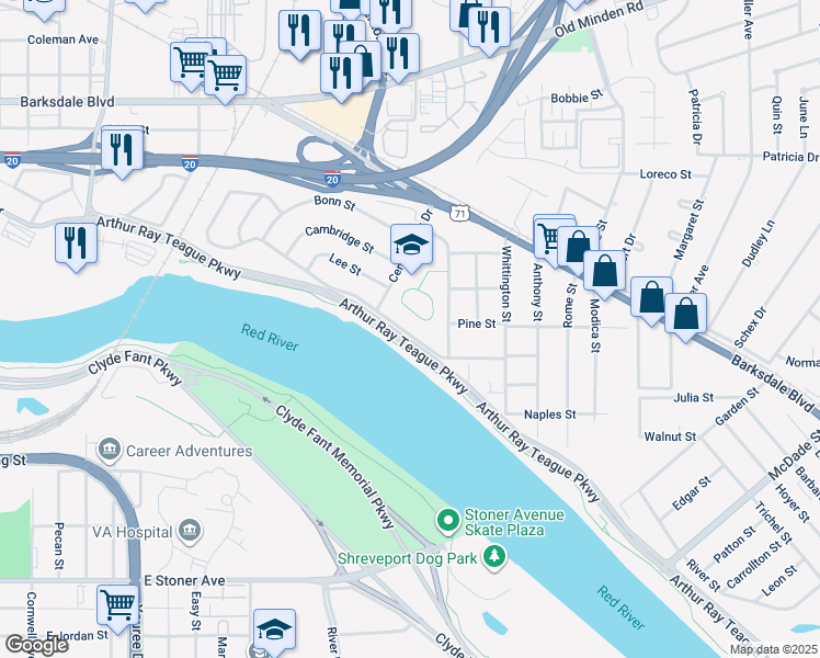 map of restaurants, bars, coffee shops, grocery stores, and more near 2015 Rodney Street in Bossier City