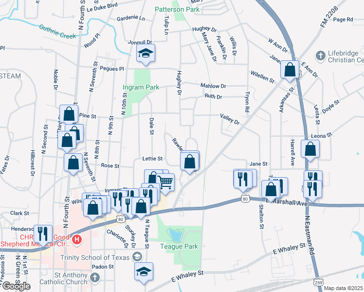map of restaurants, bars, coffee shops, grocery stores, and more near 402 Glover Drive in Longview
