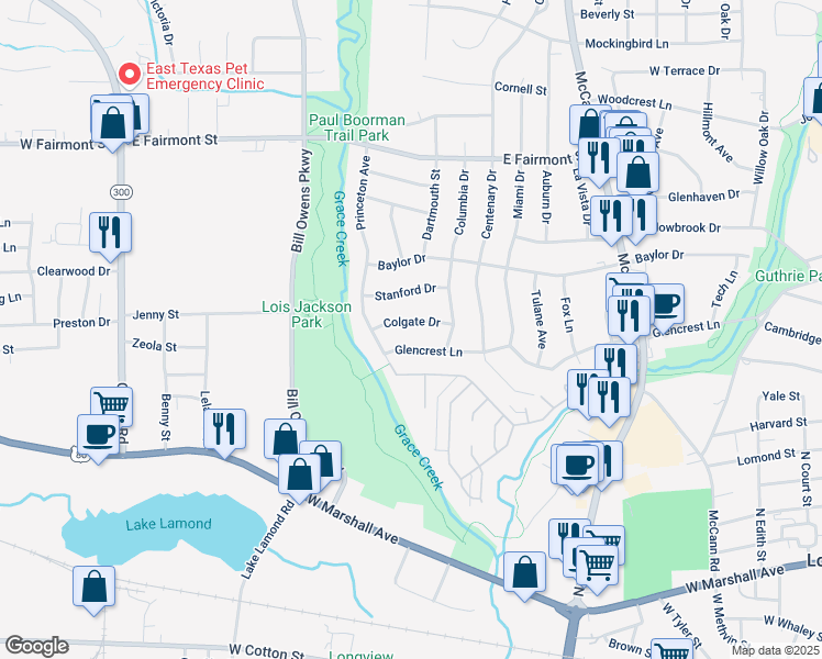 map of restaurants, bars, coffee shops, grocery stores, and more near 1313 Glencrest Lane in Longview