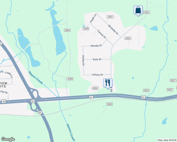 map of restaurants, bars, coffee shops, grocery stores, and more near 103 Tiffany Drive in Longview