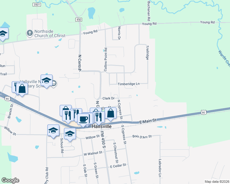 map of restaurants, bars, coffee shops, grocery stores, and more near 111 Clark Street in Hallsville