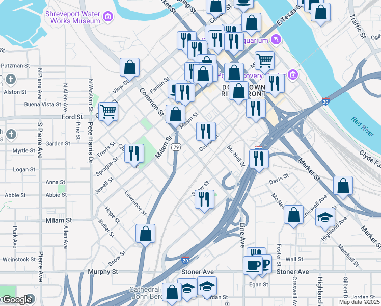 map of restaurants, bars, coffee shops, grocery stores, and more near 802 Cotton Street in Shreveport