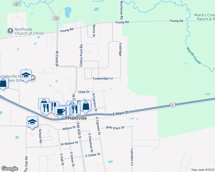 map of restaurants, bars, coffee shops, grocery stores, and more near 401 Woodridge Circle in Hallsville