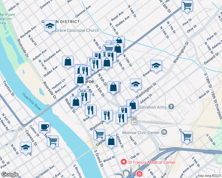 map of restaurants, bars, coffee shops, grocery stores, and more near 601-643 Breard St in Monroe