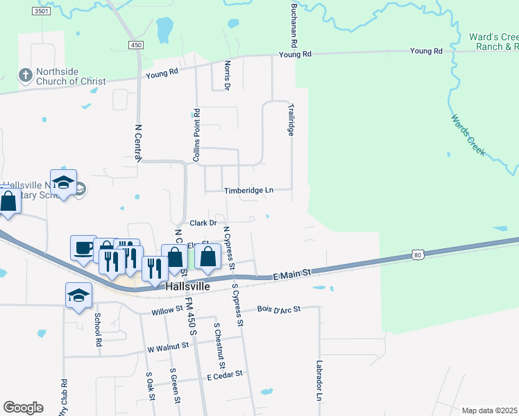 map of restaurants, bars, coffee shops, grocery stores, and more near 401 Woodridge Circle in Hallsville
