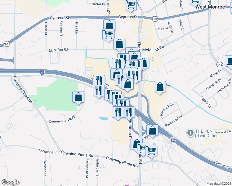 map of restaurants, bars, coffee shops, grocery stores, and more near 207 Blanchard Street in West Monroe