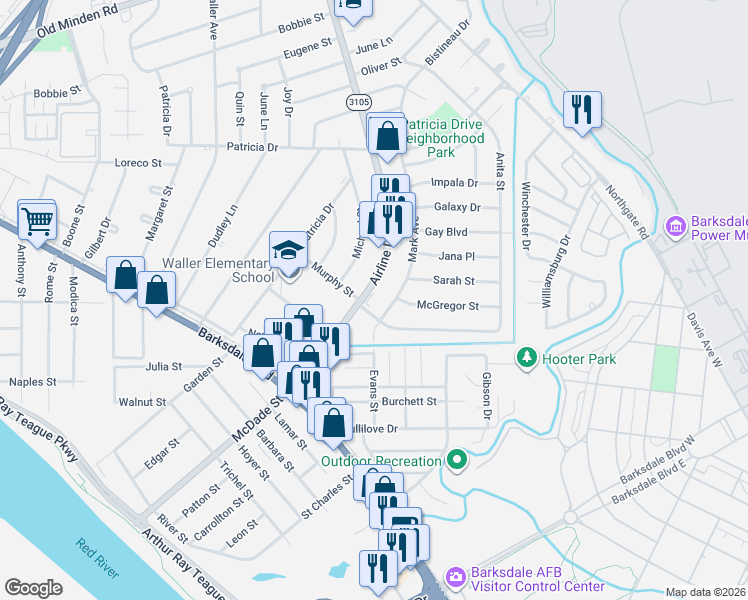 map of restaurants, bars, coffee shops, grocery stores, and more near 1300 Airline Drive in Bossier City